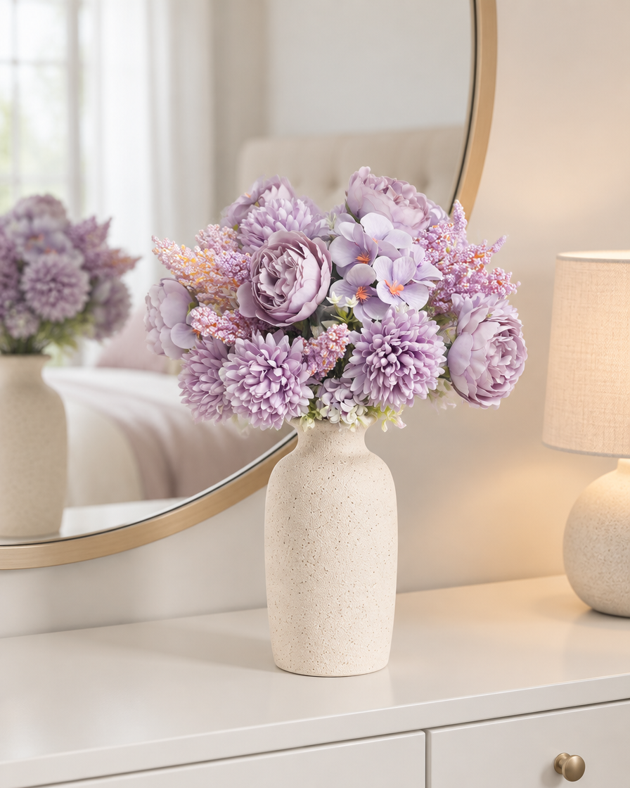 Lilac Artificial Peony & Hydrangea Bouquet styled in a ceramic vase on a dresser (vase sold separately)