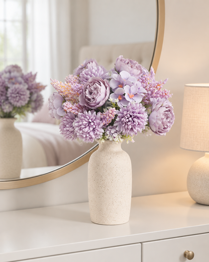 Lilac Artificial Peony & Hydrangea Bouquet styled in a ceramic vase on a dresser (vase sold separately)