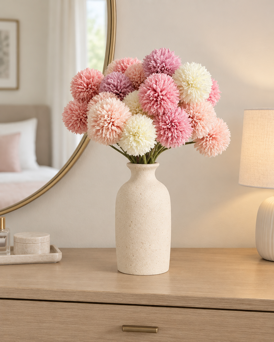 Pink & Cream Artificial Pompom Ball Flower Stems styled in a ceramic vase on a dresser (vase sold separately)