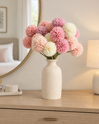 Pink & Cream Artificial Pompom Ball Flower Stems styled in a ceramic vase on a dresser (vase sold separately)