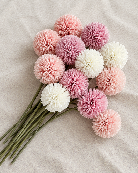 Pink & Cream Artificial Pompom Ball Flower Stems, shown alone on a linen background
