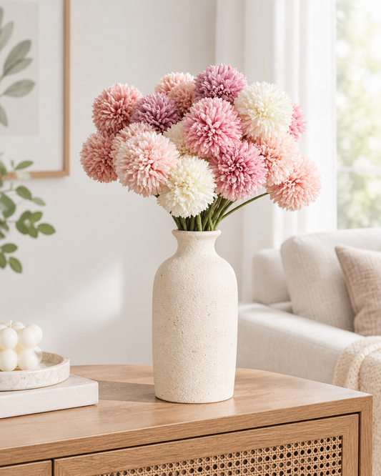 Pink & Cream Artificial Pompom Ball Flower Stems styled in a ceramic vase on a console table (vase sold separately)