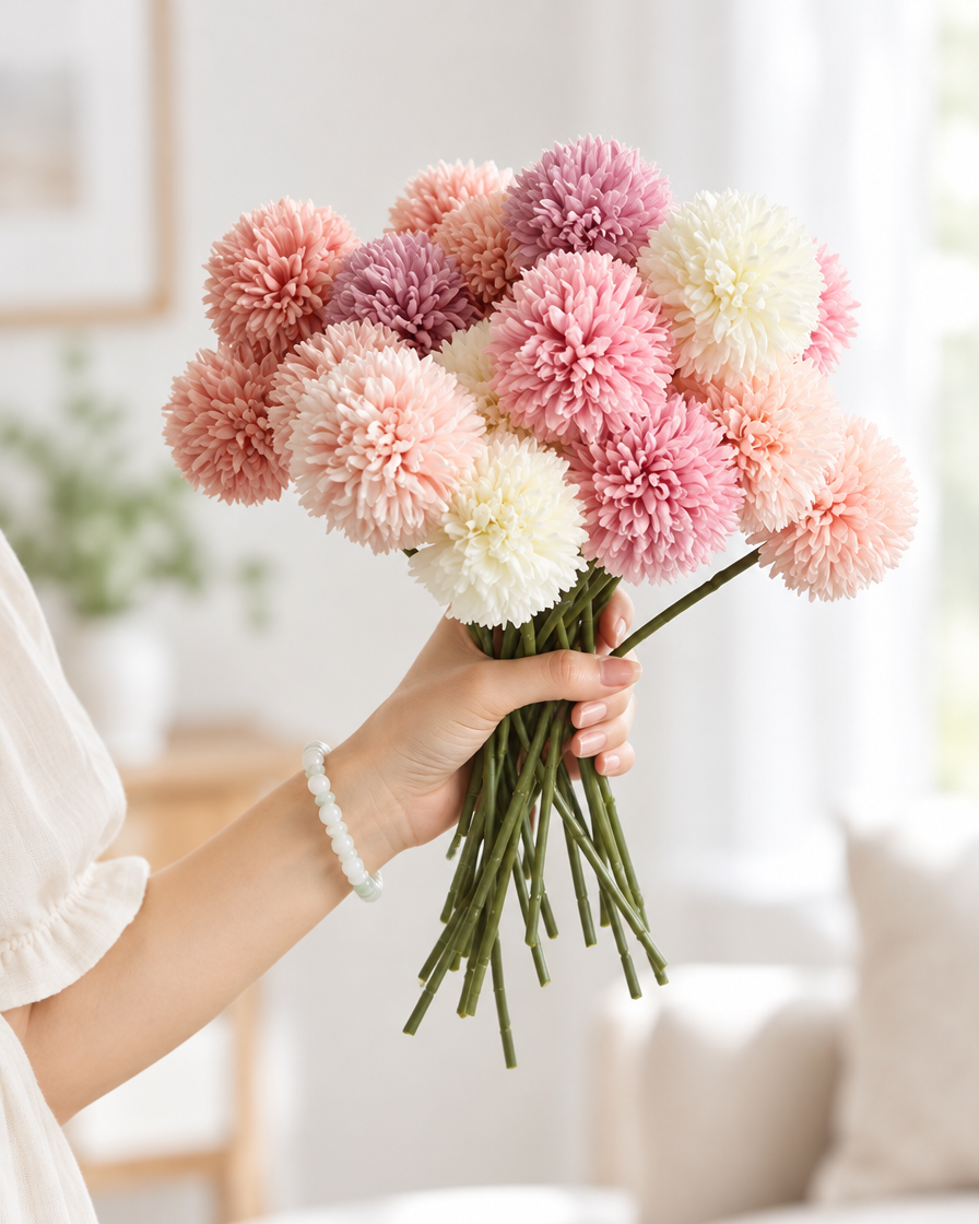 Pink & Cream Artificial Pompom Ball Flower Stems held in a hand