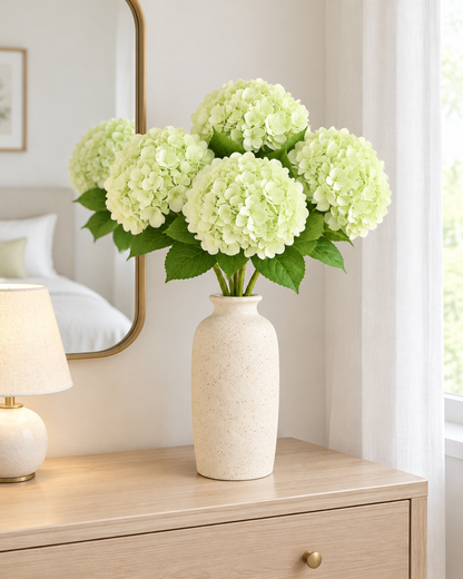 Pale Green Artificial Hydrangea Bouquet styled in a ceramic vase on a dresser (vase sold separately)
