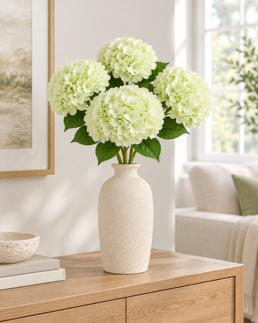 Pale Green Artificial Hydrangea Bouquet styled in a ceramic vase on a console table (vase sold separately)