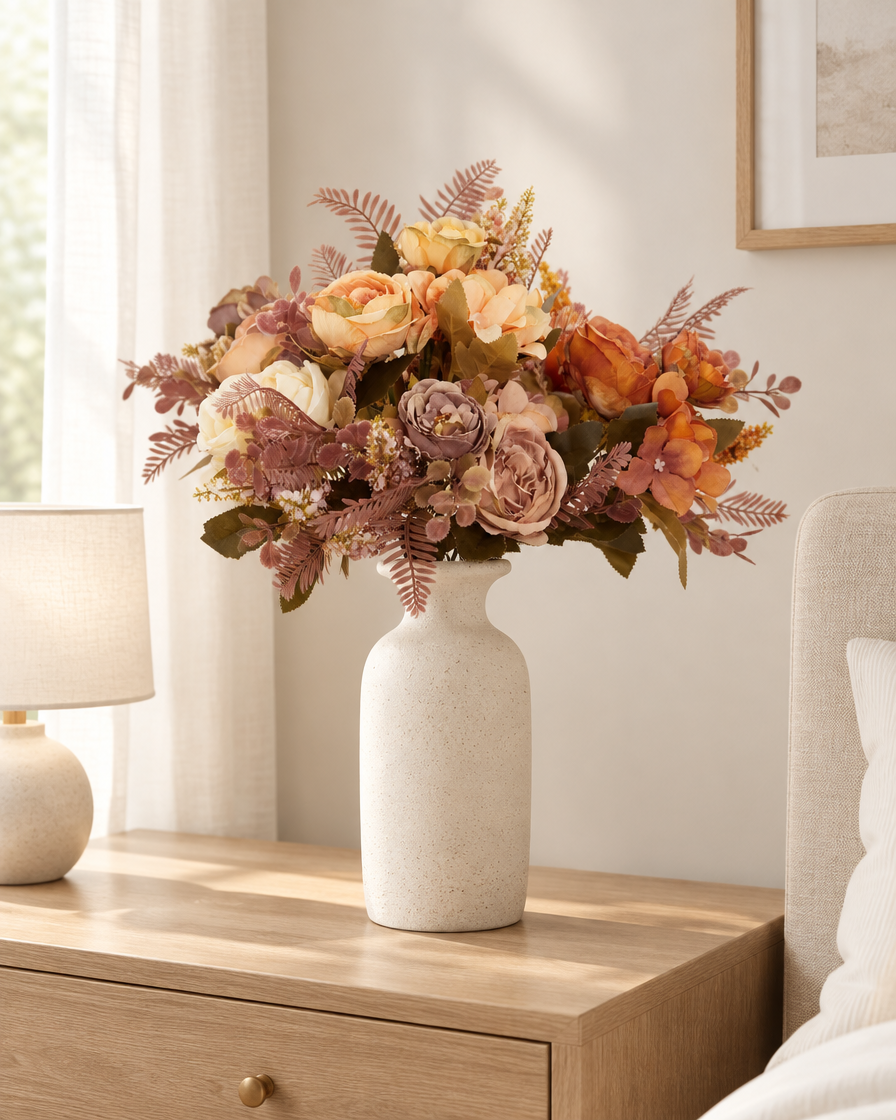 Rust & Cream Artificial Peony Autumn Bouquet styled in a ceramic vase on a dresser (vase sold separately)