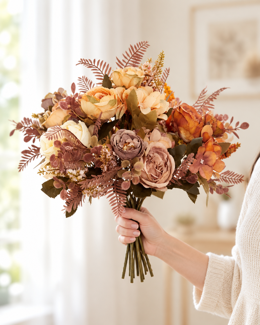 Rust & Cream Artificial Peony Autumn Bouquet held in a hand