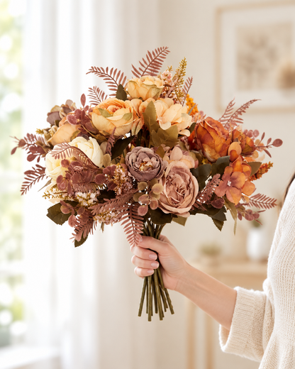 Rust & Cream Artificial Peony Autumn Bouquet held in a hand
