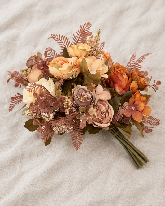 Rust & Cream Artificial Peony Autumn Bouquet, shown alone on a linen background