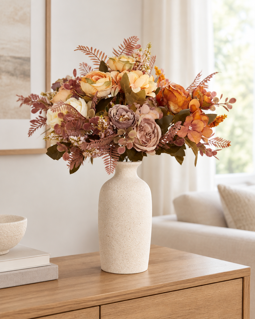 Rust & Cream Artificial Peony Autumn Bouquet styled in a ceramic vase on a console table (vase sold separately)