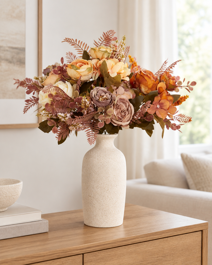 Rust & Cream Artificial Peony Autumn Bouquet styled in a ceramic vase on a console table (vase sold separately)