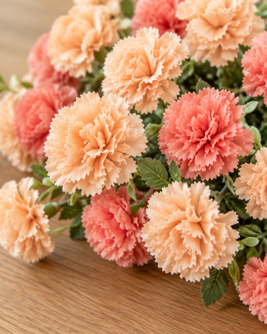 Close-up detail of the peach and coral artificial carnation bouquet on an oak table