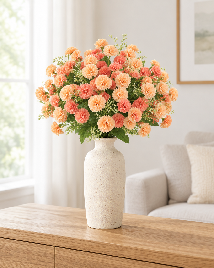 Peach and Coral Artificial Carnation Bouquet styled in a ceramic vase on a console table (vase sold separately)