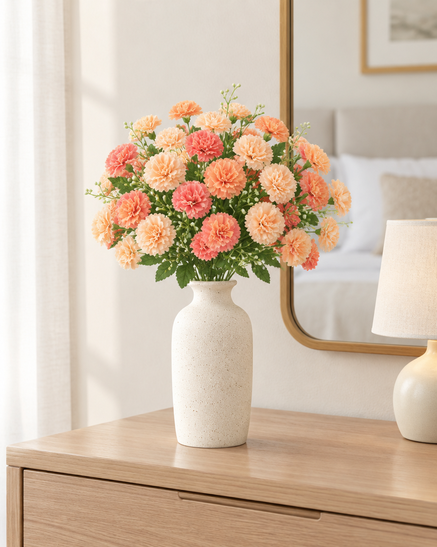 Peach and Coral Artificial Carnation Bouquet styled in a ceramic vase on a dresser (vase sold separately)