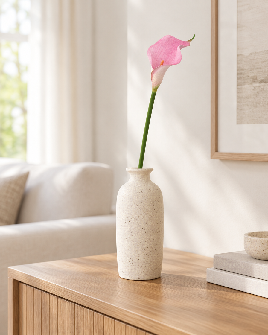Pink Artificial Calla Lily Stem styled in a ceramic vase on a console table (vase sold separately)