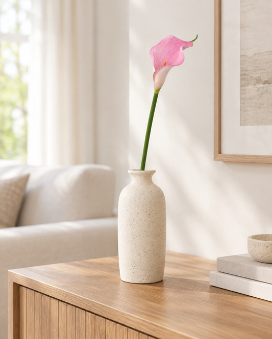 Pink Artificial Calla Lily Stem styled in a ceramic vase on a console table (vase sold separately)