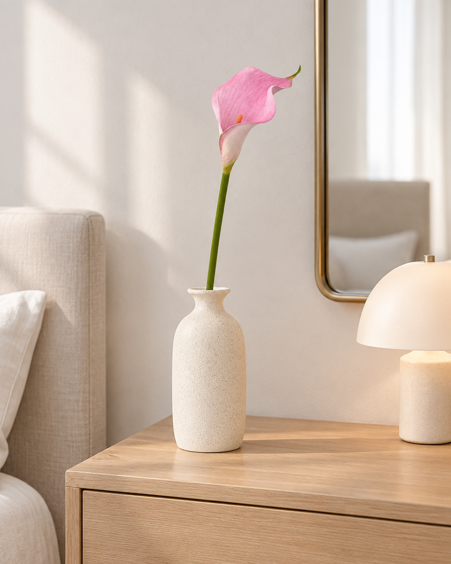 Pink Artificial Calla Lily Stem styled in a ceramic vase on a dresser (vase sold separately)