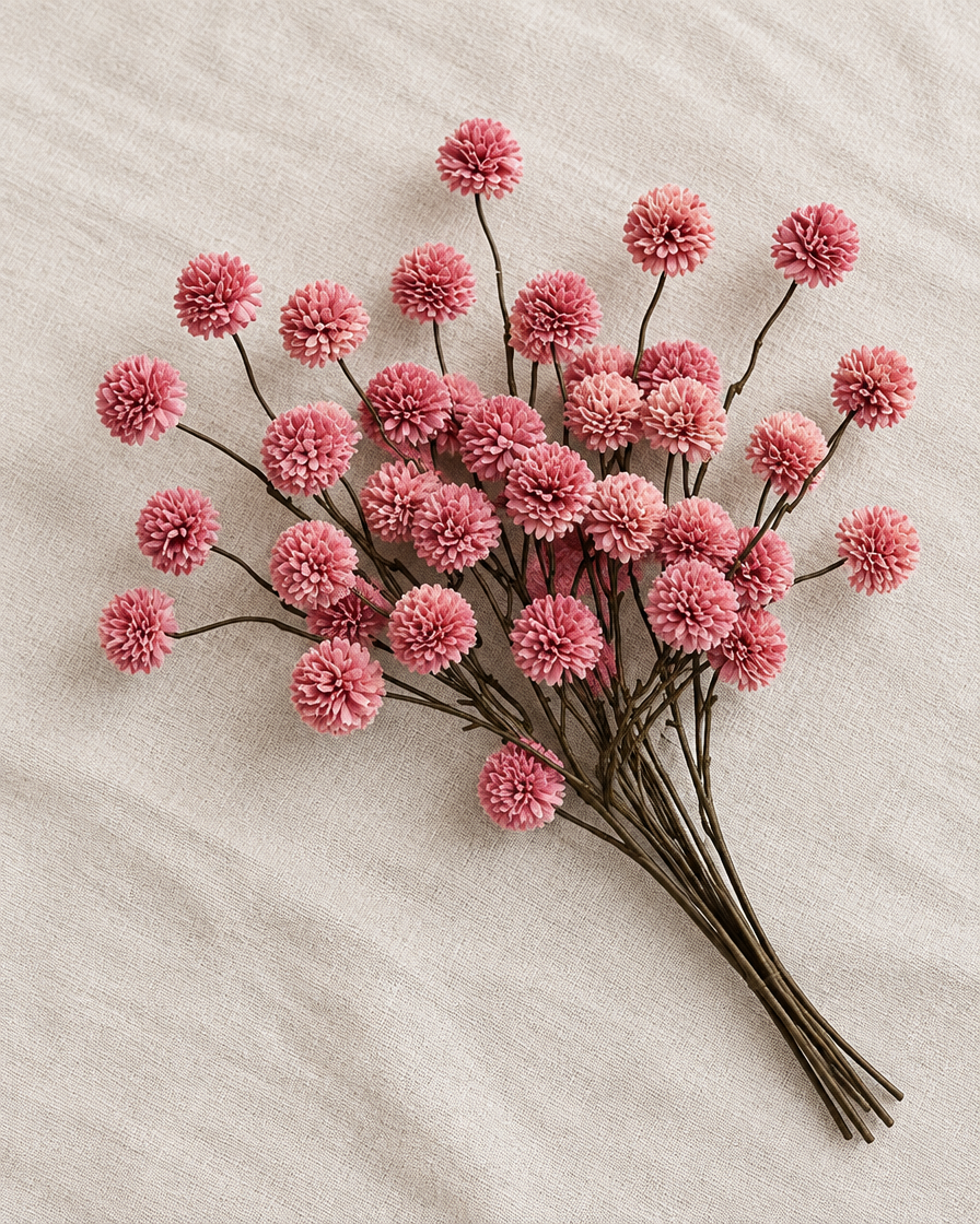 Rose Pink Artificial Chrysanthemum Ball Spray, shown alone on a linen background