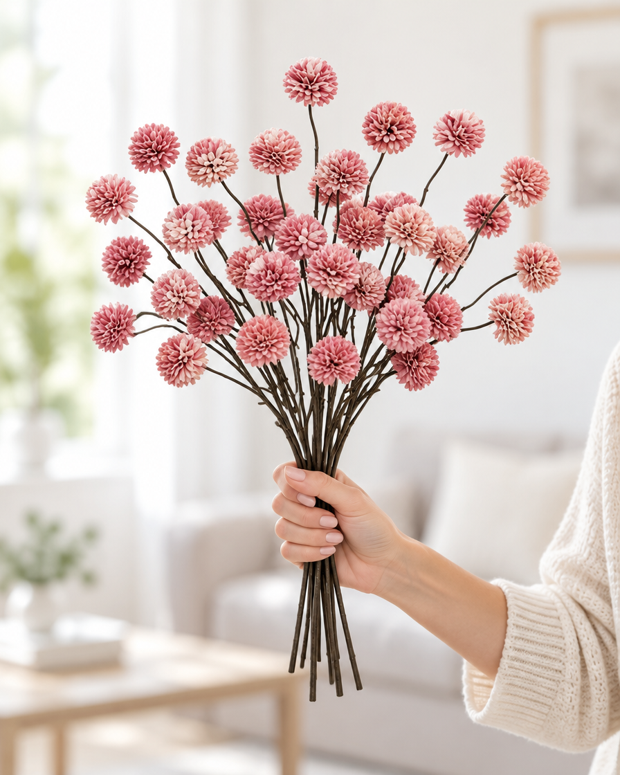 Rose Pink Artificial Chrysanthemum Ball Spray held in a hand