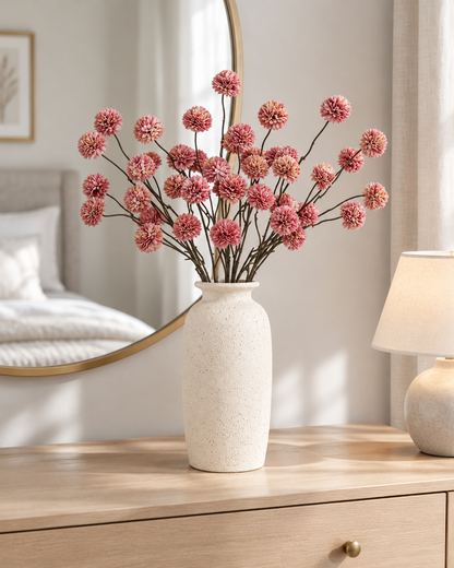 Rose Pink Artificial Chrysanthemum Ball Spray styled in a ceramic vase on a dresser (vase sold separately)