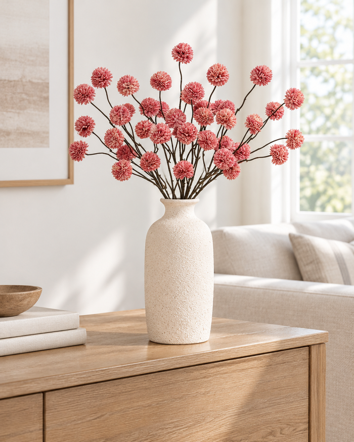 Rose Pink Artificial Chrysanthemum Ball Spray styled in a ceramic vase on a console table (vase sold separately)