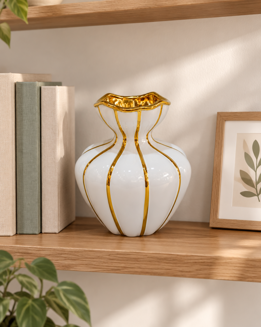 White Gold-Striped Ceramic Vase on a wooden shelf