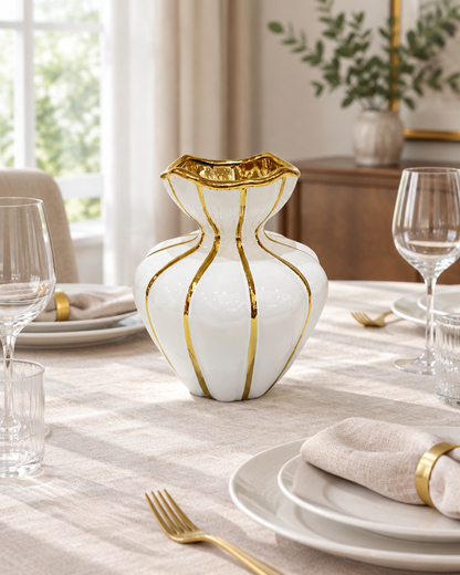 White Gold-Striped Ceramic Vase on a dining table