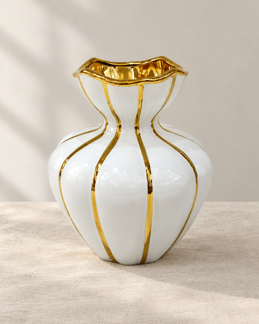 White Gold-Striped Ceramic Vase, shown alone on a linen background