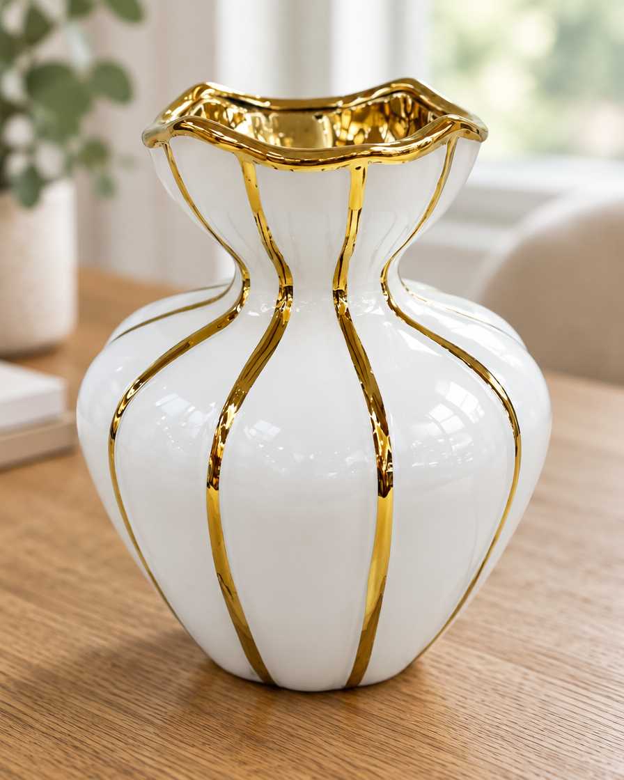 Close-up of the finish of the white gold-striped ceramic vase
