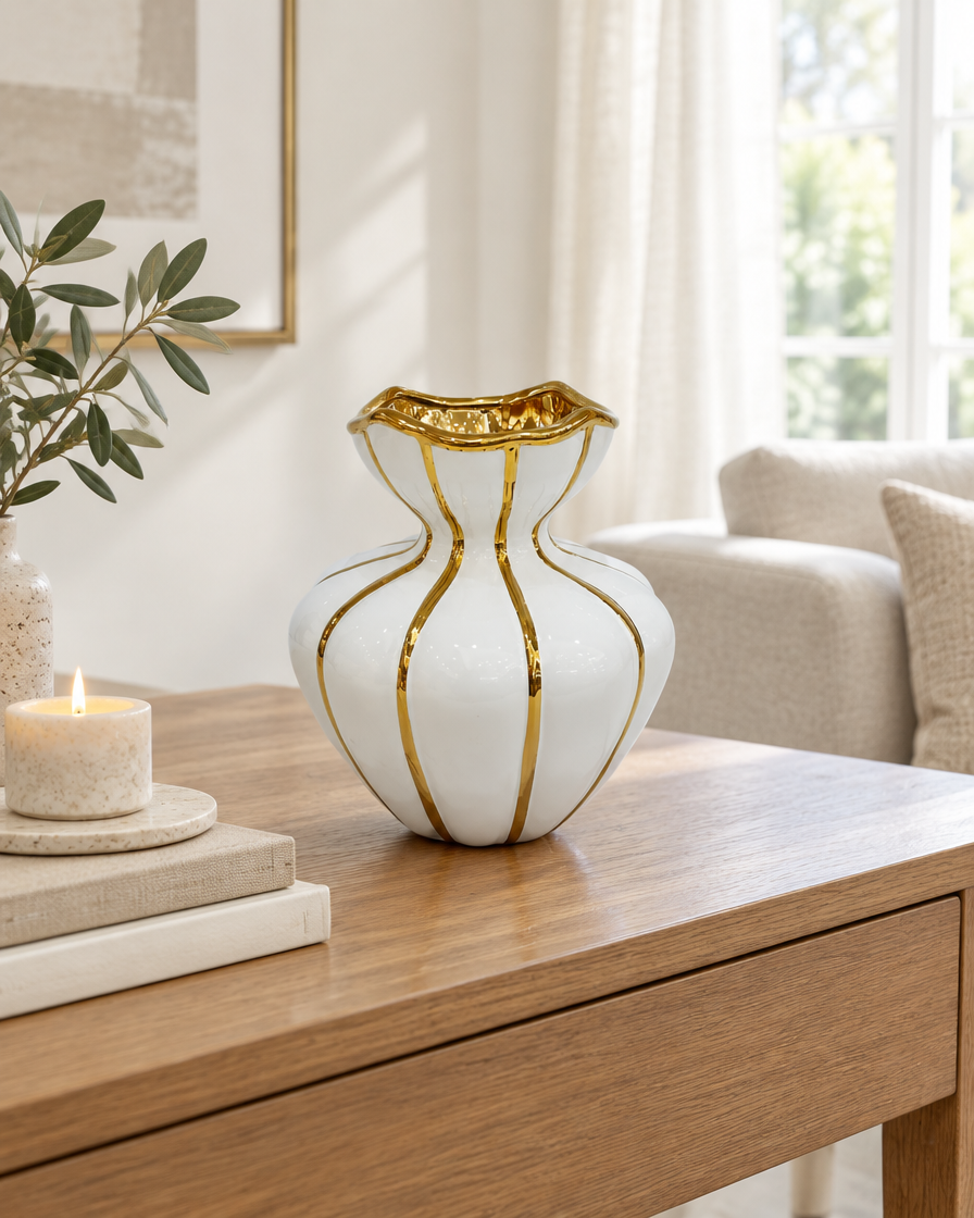 White Gold-Striped Ceramic Vase on a console table