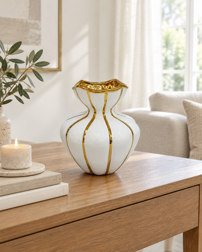 White Gold-Striped Ceramic Vase on a console table