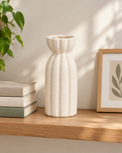 Cream Ribbed Stoneware Vase on a wooden shelf