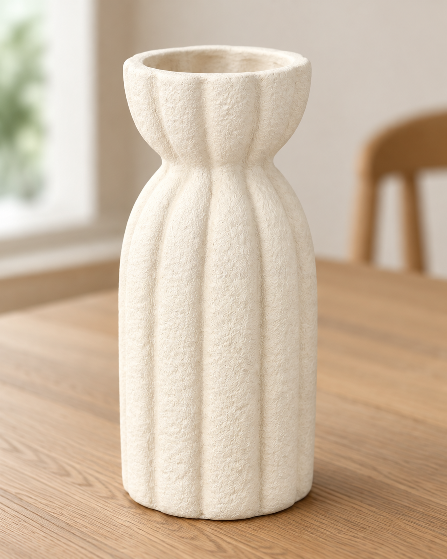Close-up of the finish of the cream ribbed stoneware vase