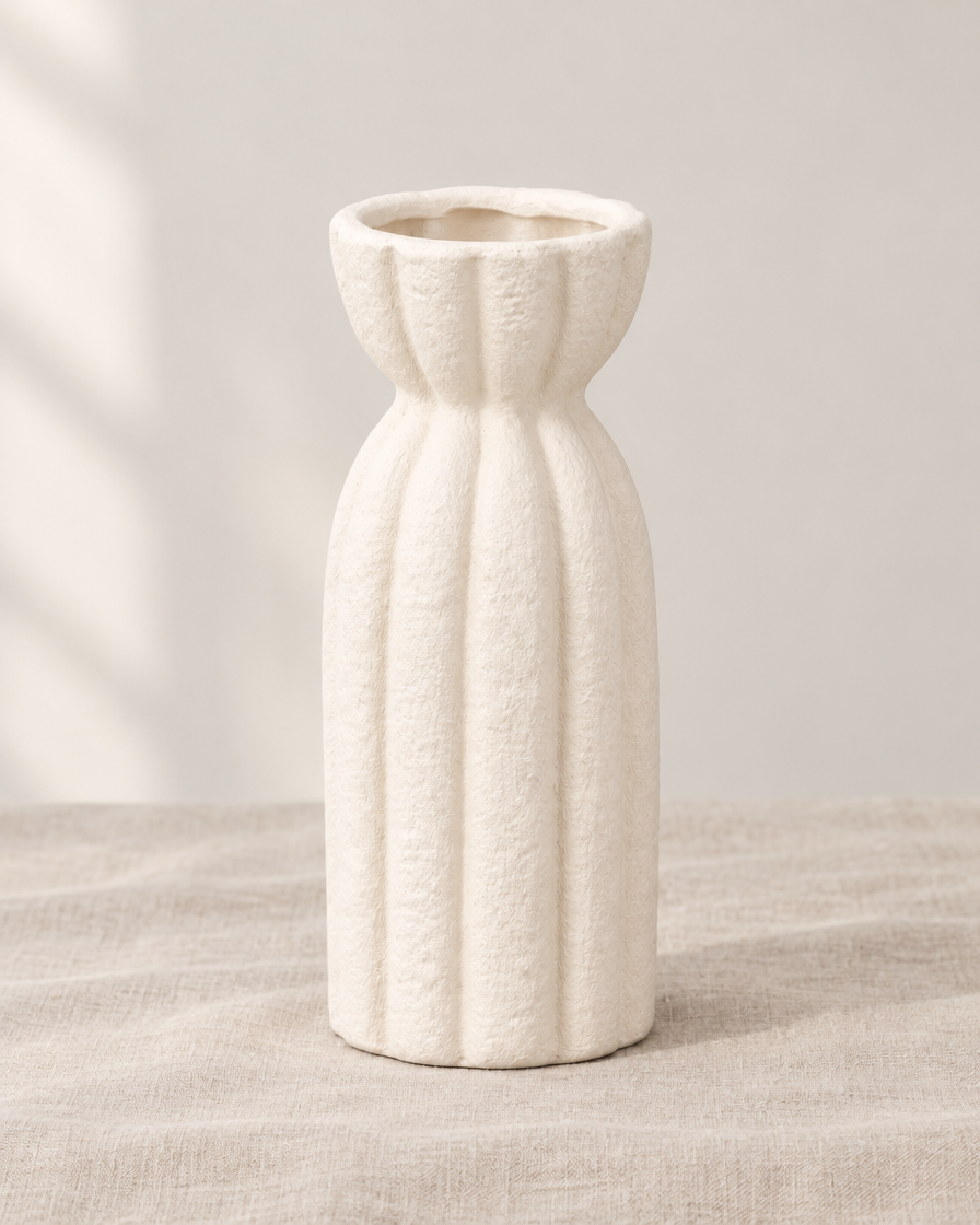 Cream Ribbed Stoneware Vase, shown alone on a linen background