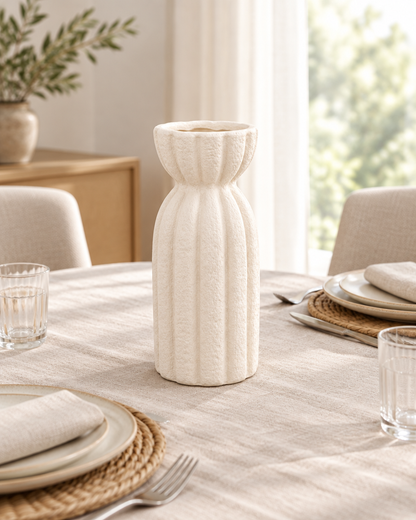 Cream Ribbed Stoneware Vase on a dining table