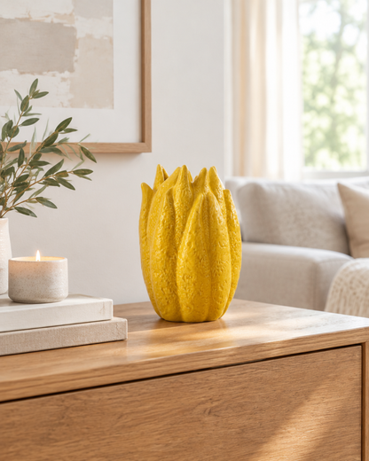 Yellow Glazed Petal Ceramic Vase on a console table