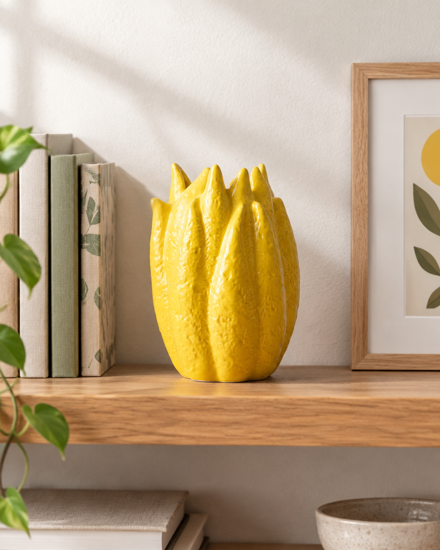 Yellow Glazed Petal Ceramic Vase on a wooden shelf
