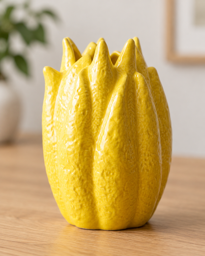 Close-up of the finish of the yellow glazed petal ceramic vase