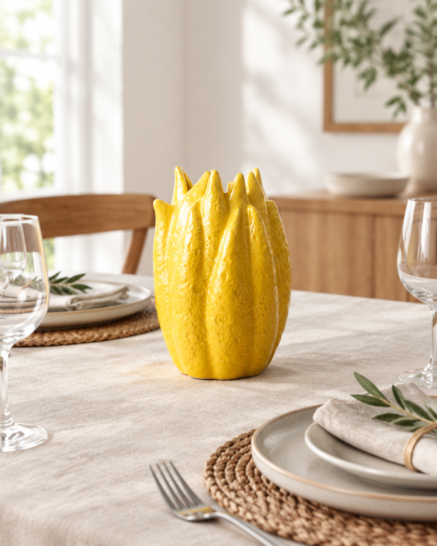 Yellow Glazed Petal Ceramic Vase on a dining table