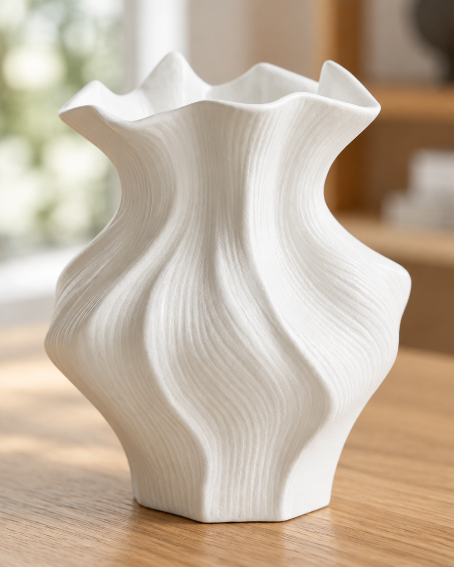 Close-up of the finish of the white wavy sculptural ceramic vase