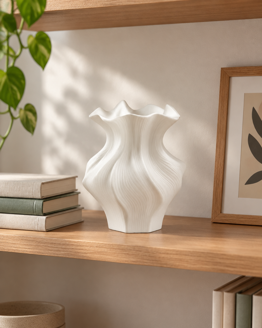 White Wavy Sculptural Ceramic Vase on a wooden shelf