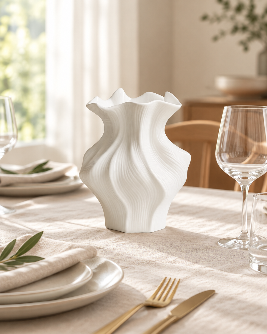White Wavy Sculptural Ceramic Vase on a dining table