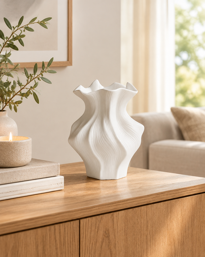 White Wavy Sculptural Ceramic Vase on a console table