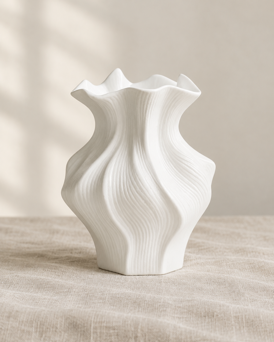White Wavy Sculptural Ceramic Vase, shown alone on a linen background
