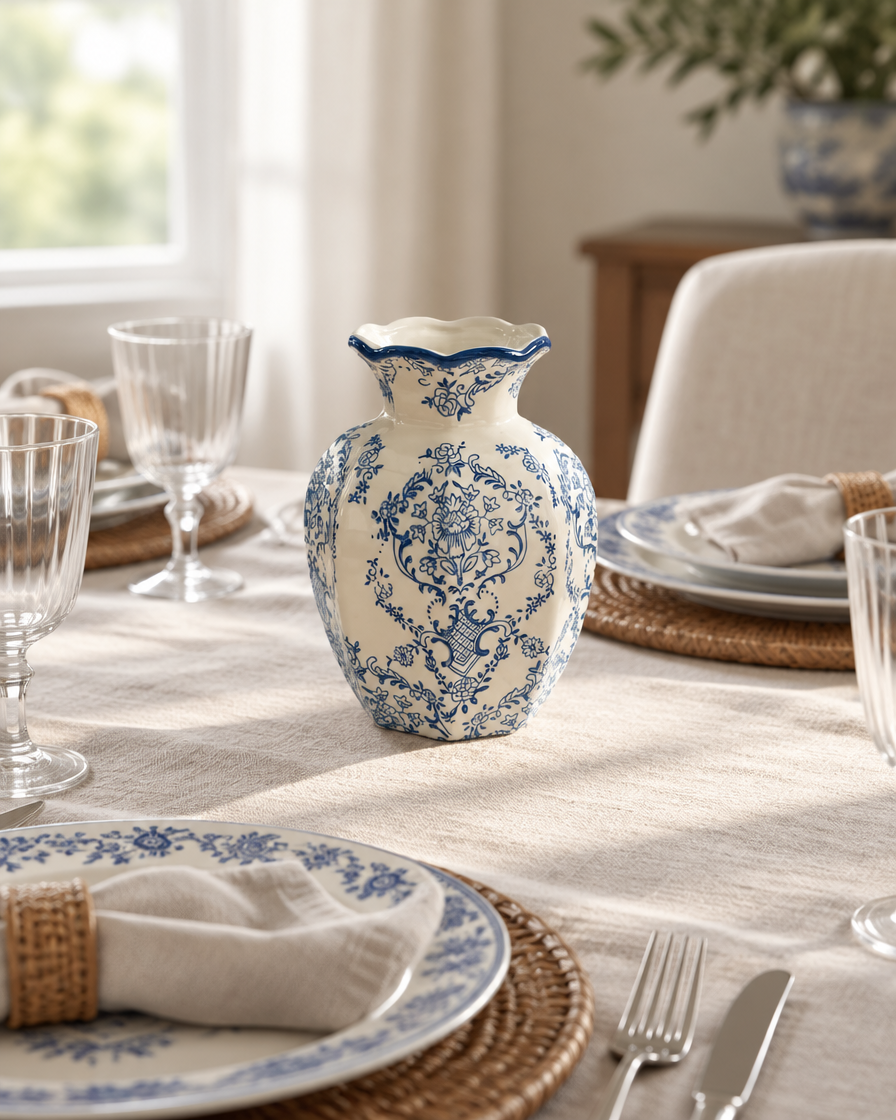 Blue and White Damask Porcelain Vase on a dining table