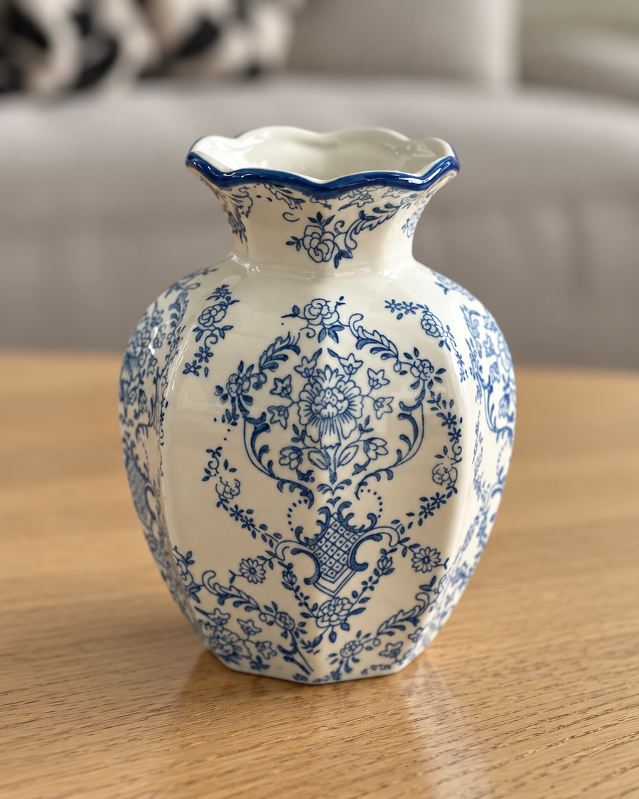 Close-up of the finish of the blue and white damask porcelain vase
