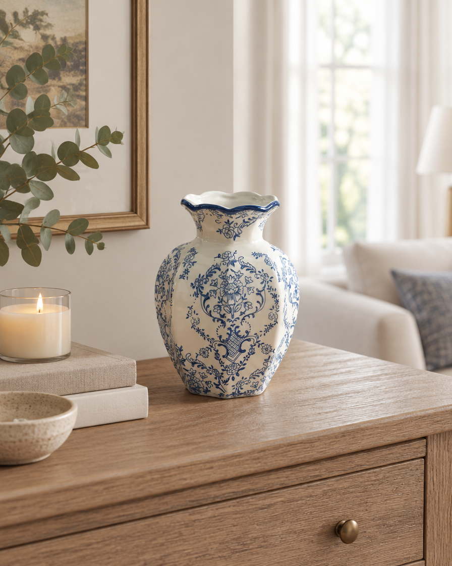 Blue and White Damask Porcelain Vase on a console table