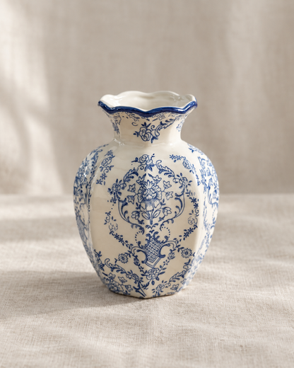 Blue and White Damask Porcelain Vase, shown alone on a linen background