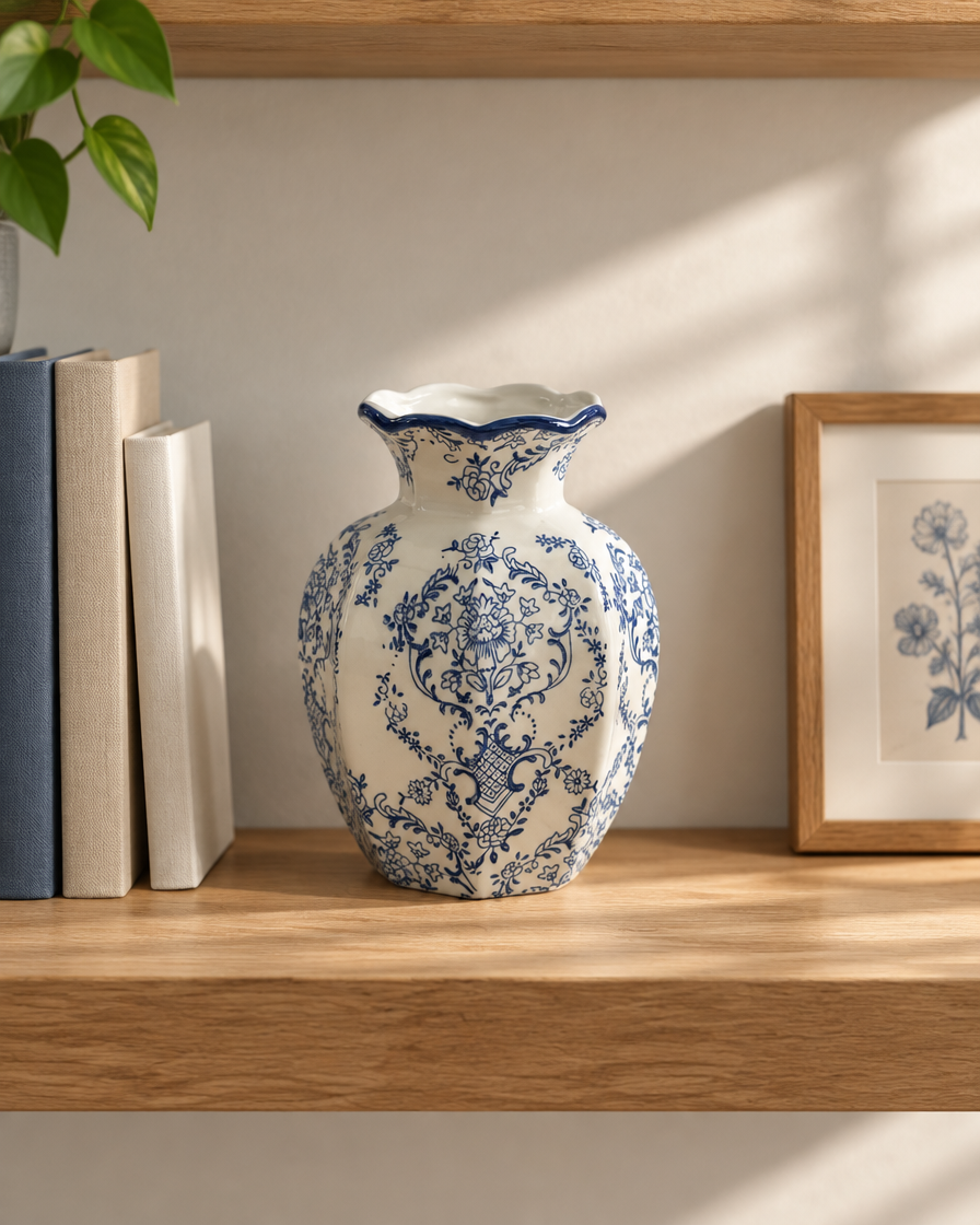 Blue and White Damask Porcelain Vase on a wooden shelf