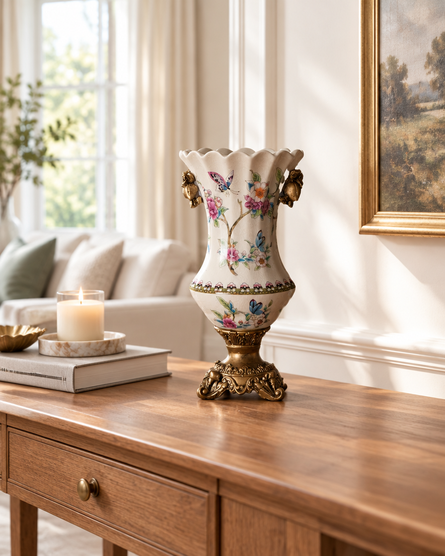 Cream Floral Porcelain Vase with Bronze-Tone Base on a console table